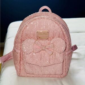 Disney Parks Loungefly Millennial Minnie Mouse Pink Sequin Backpack.